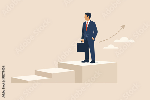 Businessman standing on top of stairs, looking at rising arrow for career growth