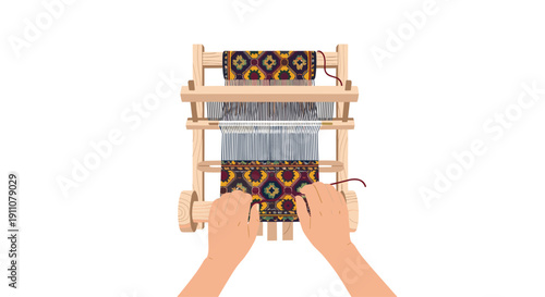 Top-down view of hands busy at a wooden loom, meticulously weaving a richly patterned dark textile with intricate designs and vibrant colors.
