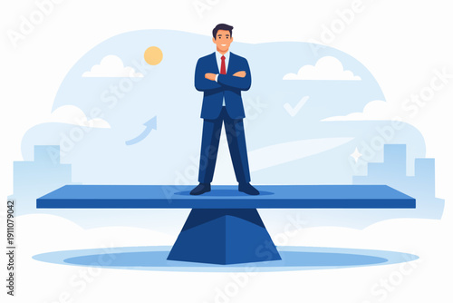 Entrepreneur standing in balance on a seesaw, achieving professional stability