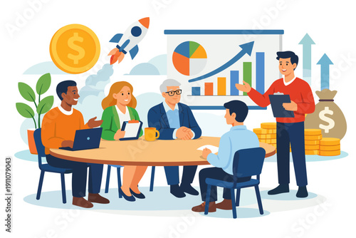 Business team meeting discussing growth strategy with charts, rocket, and money symbols