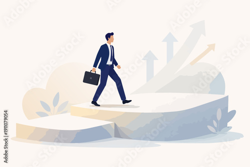 Businessman stepping up, achieving career growth and business success goals