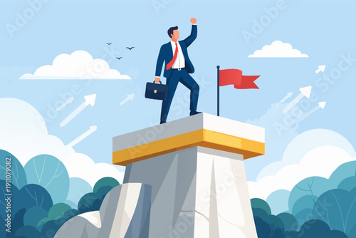 Business man celebrating success standing on mountain top with a red flag