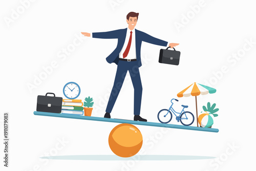 Businessman balancing work and leisure on a seesaw for life balance