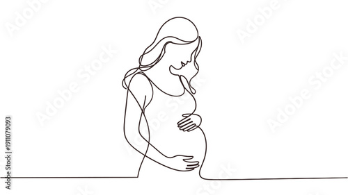 Elegant one line drawing depicting a pregnant woman gently holding her belly