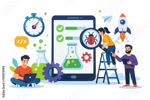 Software development team debugging application on a large screen with bug icon and rocket launch