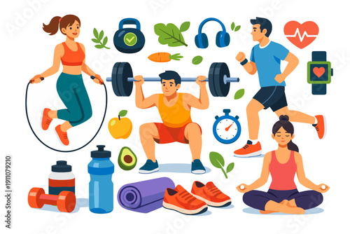 Healthy lifestyle with diverse fitness activities and healthy food choices