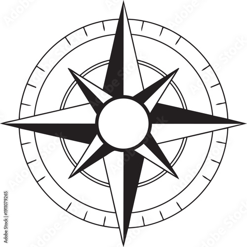 Navigational Compass: A striking monochrome compass, a timeless emblem of direction and guidance, illustrated with sharp lines and defined geometry. 