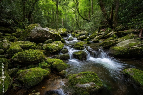 Serene cascading waterfall in lush green forest
