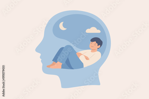 Person relaxing inside a human head outline, dreaming or sleeping peacefully
