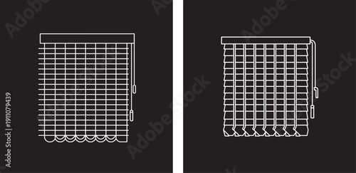 Set of minimalist line art icons for window blinds, open and closed roller blinds, interior design elements