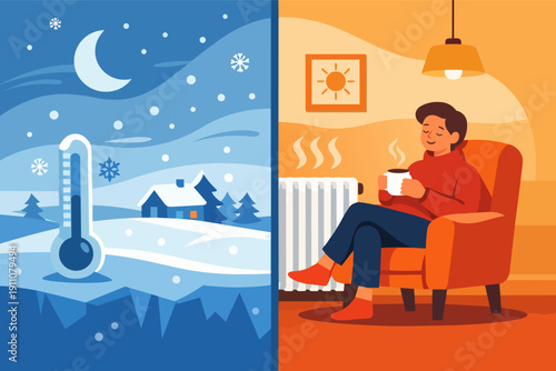 Person staying warm indoors during cold winter weather, contrasting extreme outdoor temperature