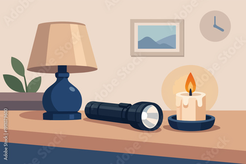 Blackout emergency lighting with flashlight, candle, and unlit lamp