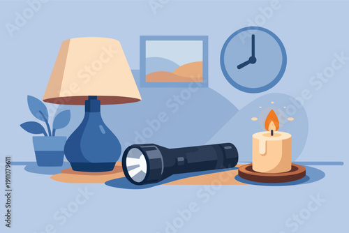 Power outage preparing for darkness with flashlight, candle, and lamp at home