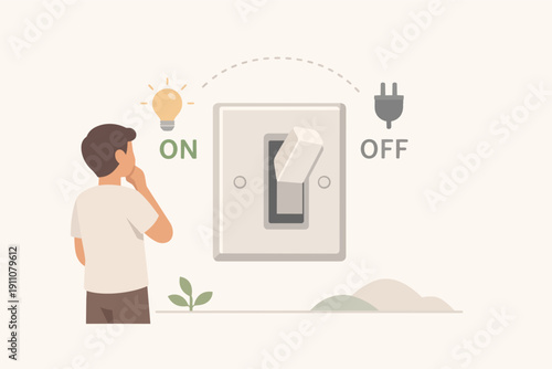 Man choosing between turning on or off light bulb and electric plug
