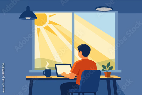 Man working remotely at home office desk, enjoying sunlight from window