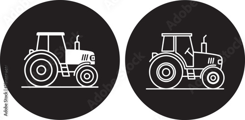 Set of simple line art icons representing tractors, agricultural vehicles