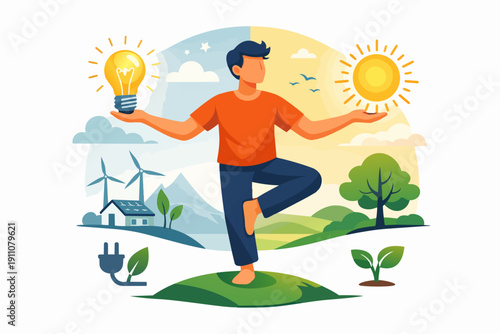 Man balancing renewable energy sources with traditional power, promoting sustainability