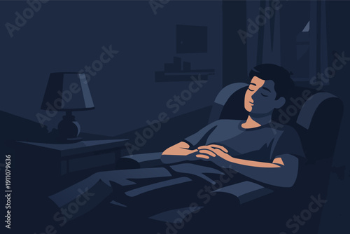 Man sleeping in armchair at night, finding relaxation and peaceful dreams