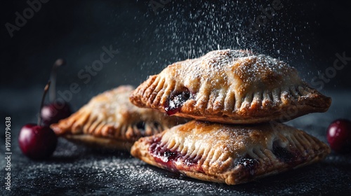 Cherry hand pies dusted lightly with powdered sugar, moody low-key lighting, dark slate background