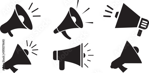Amplifier Icon Array: A collection of megaphone icons, designed with bold lines and a minimalistic approach, representing communication, announcements, and amplification.
