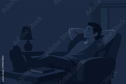 Man resting peacefully in armchair at night, sleeping and dreaming