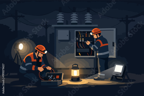 Electricians performing emergency power grid maintenance during a nighttime outage