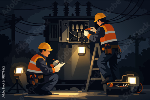 Electricians performing power grid maintenance on electrical transformer at night
