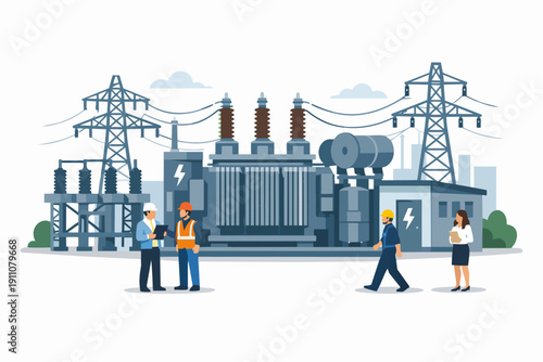 Electrical substation with engineers and technicians working on energy grid