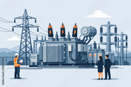 Electrical engineers and industry executives inspecting a power substation transformer