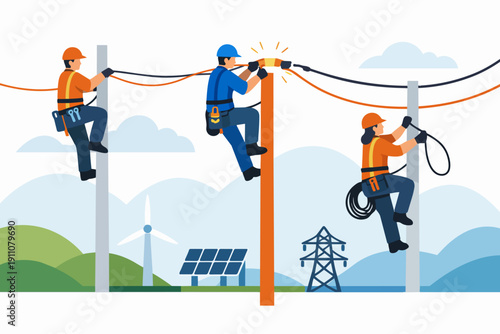 Lineworkers installing and maintaining power lines on utility poles, connecting renewable energy
