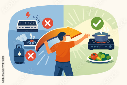 Person transitioning from gas to electric cooking, promoting energy efficiency