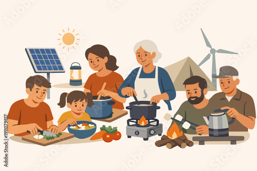 Family cooking together outdoors using renewable energy sources