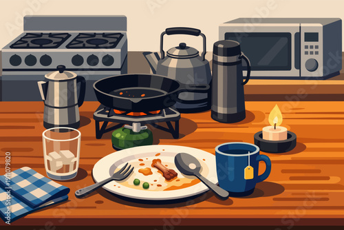 Empty kitchen table after dinner with stove, microwave, and cooking gear