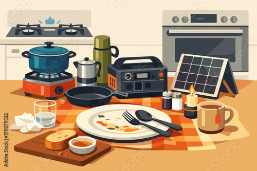 Emergency preparedness items for power outage and survival in a modern kitchen