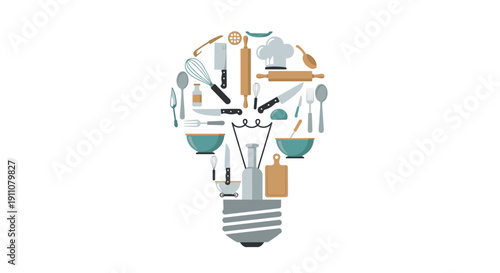 A light bulb shape is formed by various kitchen utensils and cooking tools on a clean white background.