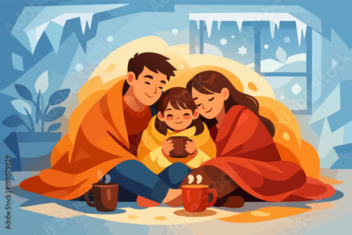 Family enjoying warm winter evening staying cozy under blankets with hot drinks