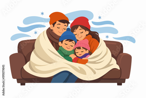 Family warming up on couch, snuggling under blanket during cold winter season