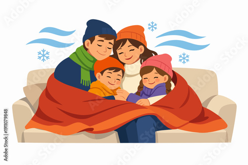 Family enjoying warmth and comfort during cold winter, snuggling under blanket