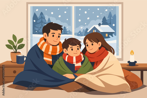 Family staying warm and cozy under blankets while watching snow falling outside