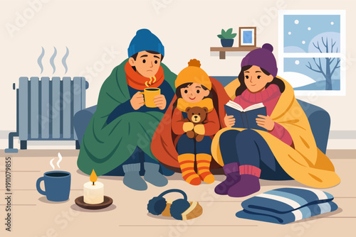 Family members huddling together with blankets, hats, and hot drinks, next to a radiator