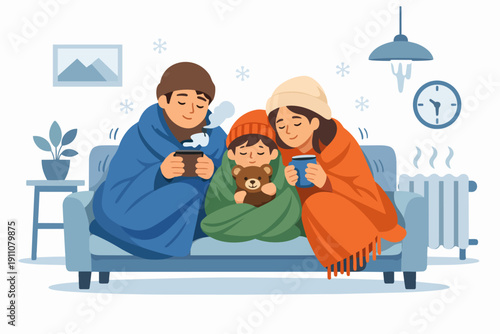 Family staying warm at home during cold winter, facing energy crisis