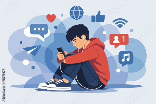 Teenager concentrating on smartphone, surrounded by social media and internet icons