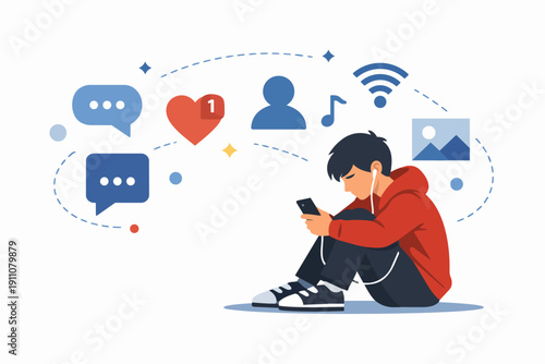 Young person sitting absorbed in smartphone, surrounded by social media notifications