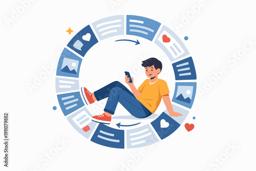 Young man using smartphone caught in a social media algorithm loop