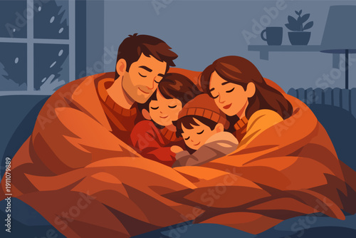 Family snuggling under a warm blanket feeling cozy at home during winter