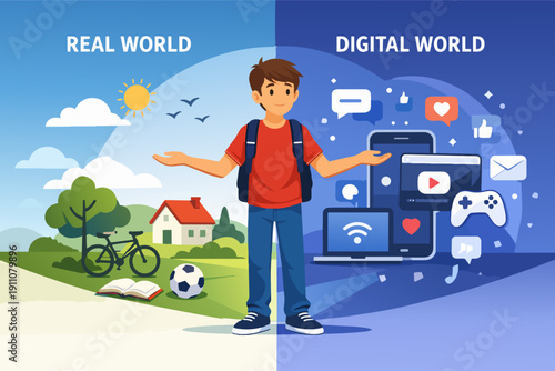 Boy choosing between real world activities and digital online entertainment