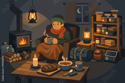 Person enjoying warm winter cabin comfort with fireplace and preparing for self-reliance