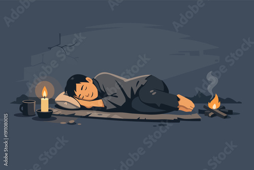 Homeless person sleeping on street with small fire and candle light in poverty