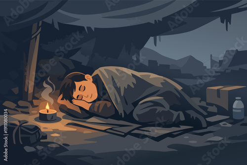 Child sleeping under shelter with candle light representing poverty and despair