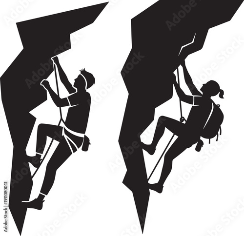 Silhouette icons of rock climbers ascending a cliff face, embodying adventure and challenge